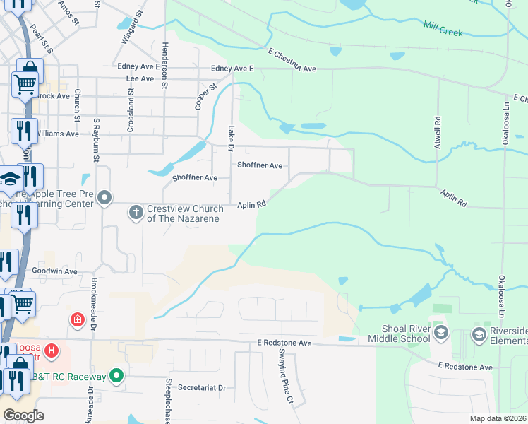 map of restaurants, bars, coffee shops, grocery stores, and more near 2919 Aplin Road in Crestview