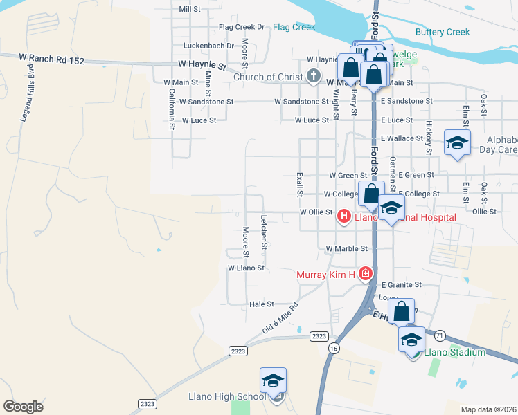 map of restaurants, bars, coffee shops, grocery stores, and more near 1401 Moore Street in Llano