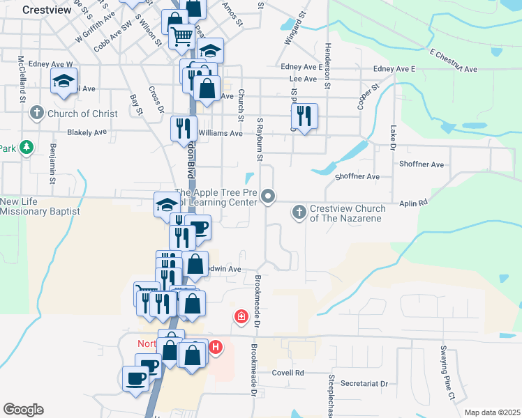 map of restaurants, bars, coffee shops, grocery stores, and more near 108 Brookmeade Drive in Crestview