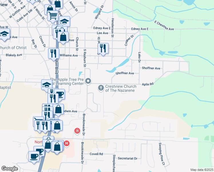 map of restaurants, bars, coffee shops, grocery stores, and more near 470 Aplin Road in Crestview