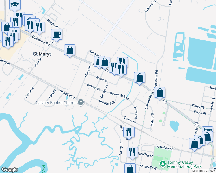 map of restaurants, bars, coffee shops, grocery stores, and more near 101 Acorn Street in St. Marys