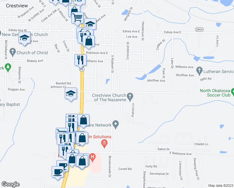 map of restaurants, bars, coffee shops, grocery stores, and more near 101 Brookmeade Drive in Crestview