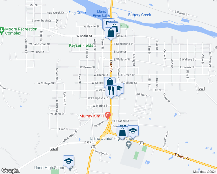 map of restaurants, bars, coffee shops, grocery stores, and more near 1403 Ford Street in Llano