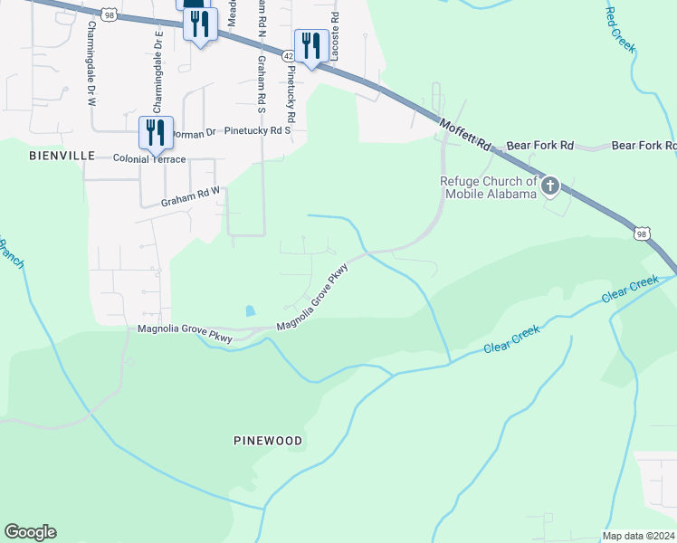map of restaurants, bars, coffee shops, grocery stores, and more near Magnolia Grove Parkway in Mobile