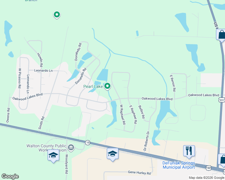 map of restaurants, bars, coffee shops, grocery stores, and more near 93 North Raphael Road in DeFuniak Springs