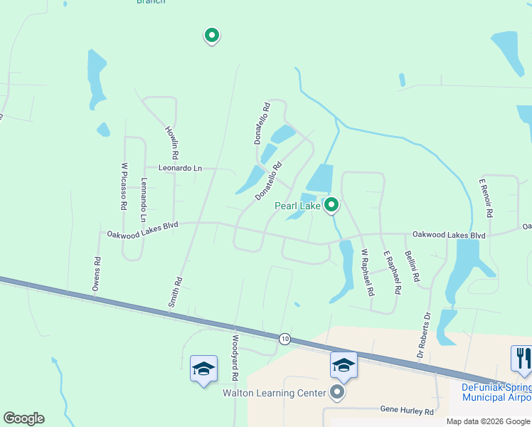 map of restaurants, bars, coffee shops, grocery stores, and more near 20 Rembrandt Court in DeFuniak Springs
