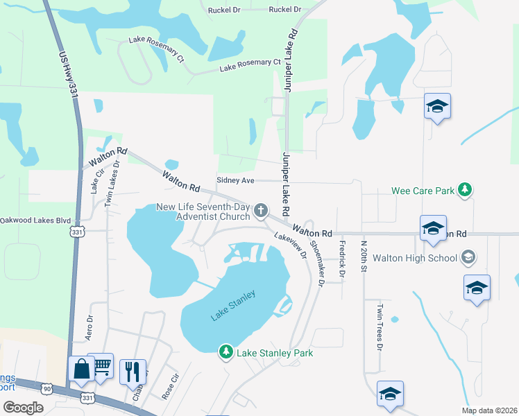 map of restaurants, bars, coffee shops, grocery stores, and more near 1262 Walton Road in DeFuniak Springs
