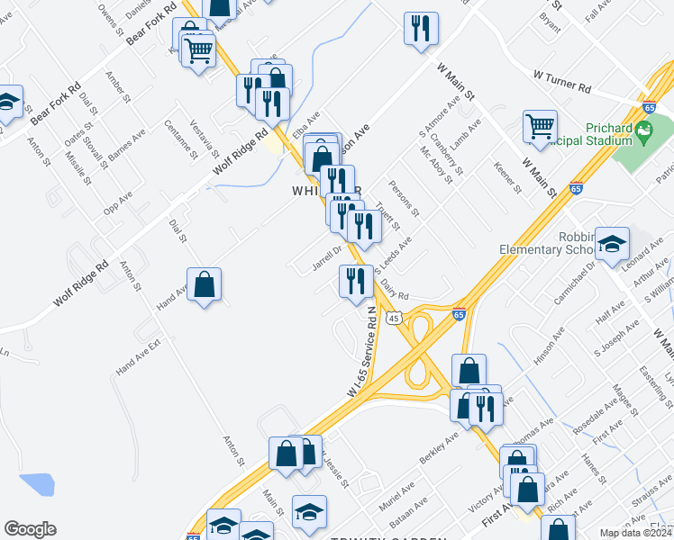 map of restaurants, bars, coffee shops, grocery stores, and more near 1628 Meadow Avenue in Mobile