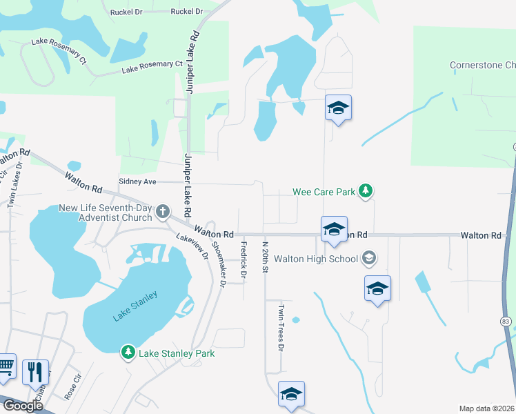 map of restaurants, bars, coffee shops, grocery stores, and more near 960 Walton Road in DeFuniak Springs