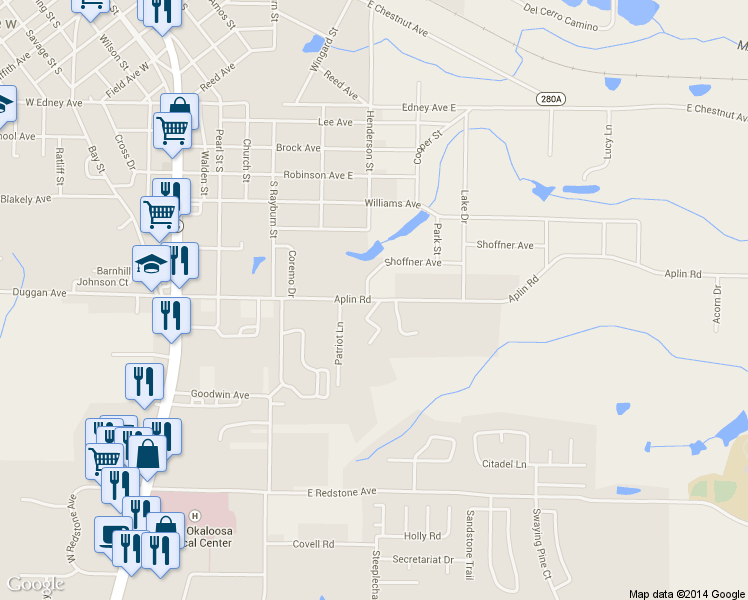 map of restaurants, bars, coffee shops, grocery stores, and more near 470 Aplin Road in Crestview