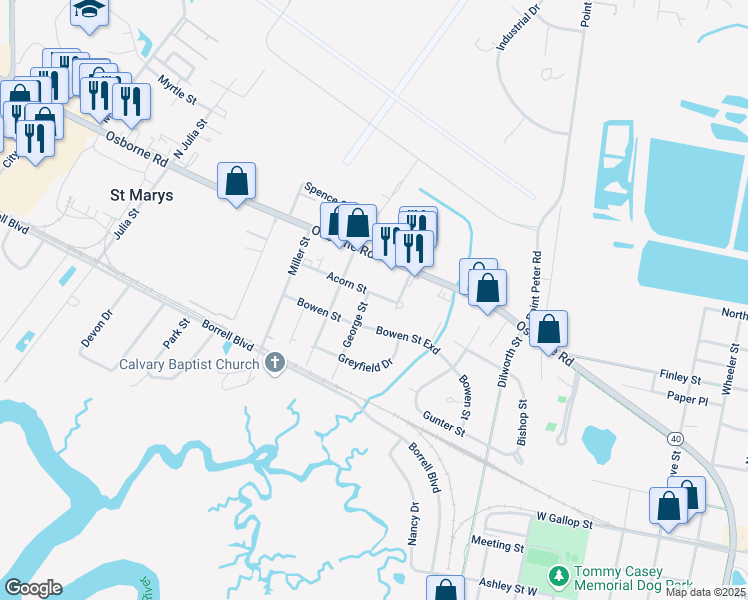 map of restaurants, bars, coffee shops, grocery stores, and more near 101 Acorn Street in St. Marys