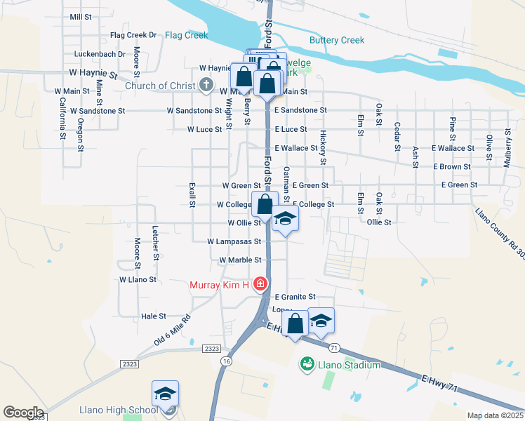 map of restaurants, bars, coffee shops, grocery stores, and more near 1403 Ford Street in Llano