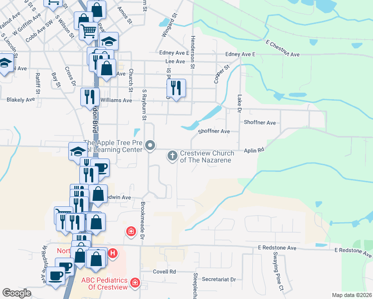 map of restaurants, bars, coffee shops, grocery stores, and more near 470 Aplin Road in Crestview