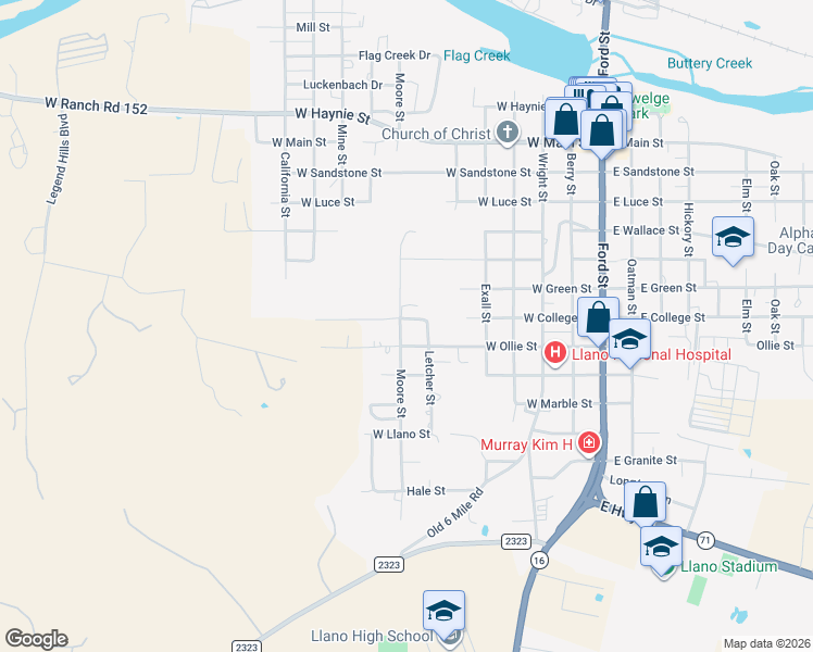 map of restaurants, bars, coffee shops, grocery stores, and more near 1401 Moore St in Llano