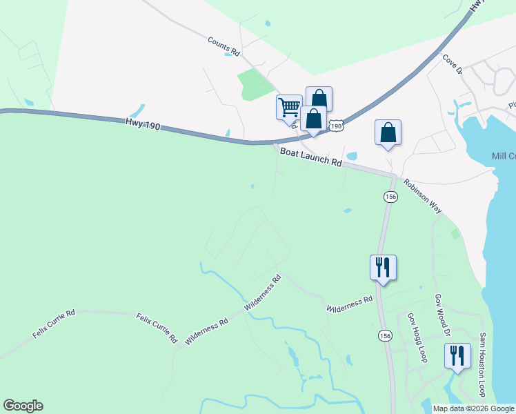 map of restaurants, bars, coffee shops, grocery stores, and more near 341 Oak Tree Drive in Point Blank