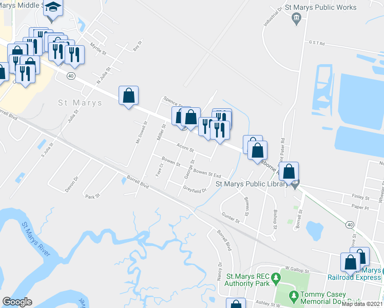 map of restaurants, bars, coffee shops, grocery stores, and more near 201 Acorn Street in St. Marys