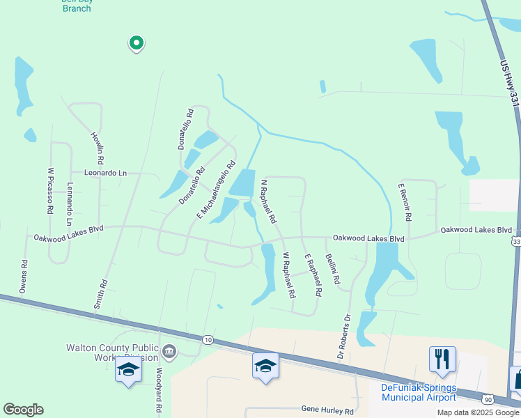 map of restaurants, bars, coffee shops, grocery stores, and more near 129 North Raphael Road in DeFuniak Springs