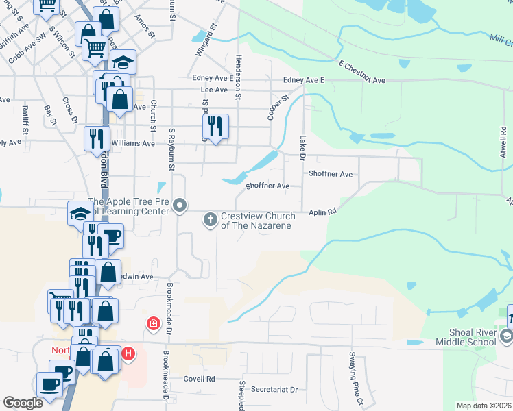 map of restaurants, bars, coffee shops, grocery stores, and more near 2869 Aplin Road in Crestview