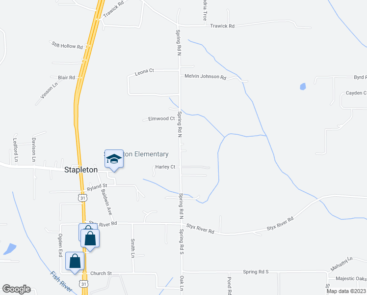 map of restaurants, bars, coffee shops, grocery stores, and more near 35650 Spring Road North in Stapleton