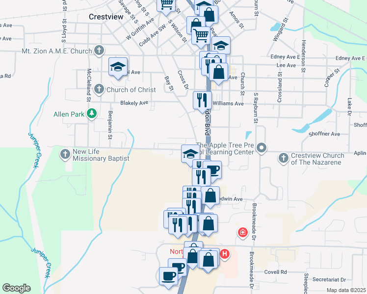 map of restaurants, bars, coffee shops, grocery stores, and more near 150 Duggan Avenue in Crestview