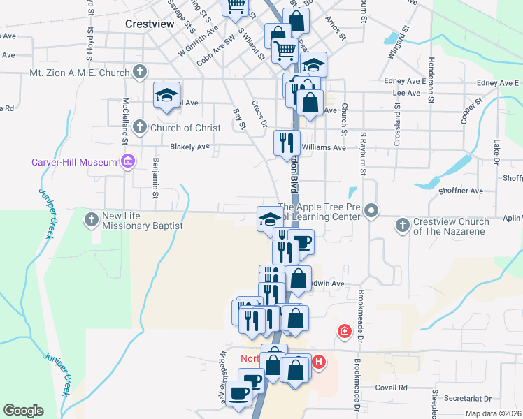 map of restaurants, bars, coffee shops, grocery stores, and more near 225 Johnson Court in Crestview