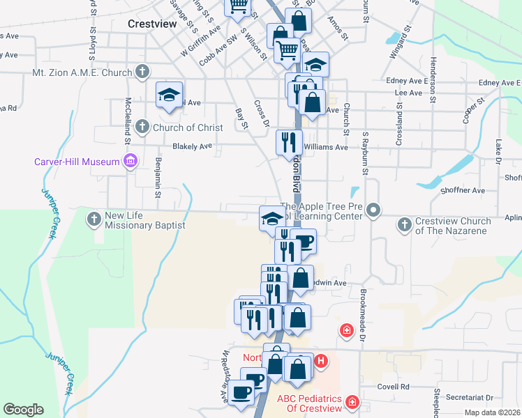 map of restaurants, bars, coffee shops, grocery stores, and more near 221 Johnson Court in Crestview