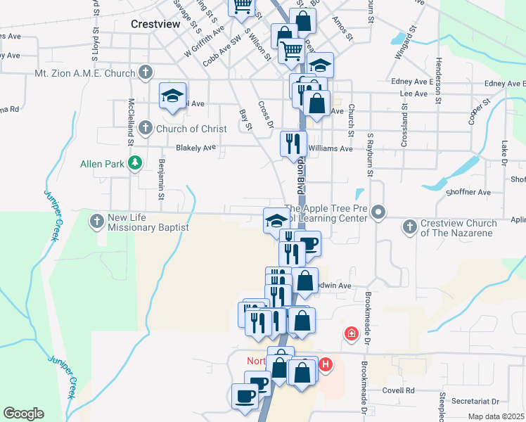 map of restaurants, bars, coffee shops, grocery stores, and more near 217 Johnson Court in Crestview