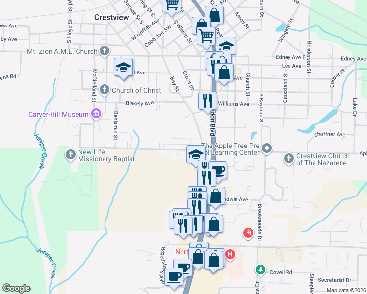 map of restaurants, bars, coffee shops, grocery stores, and more near 150 Duggan Avenue in Crestview