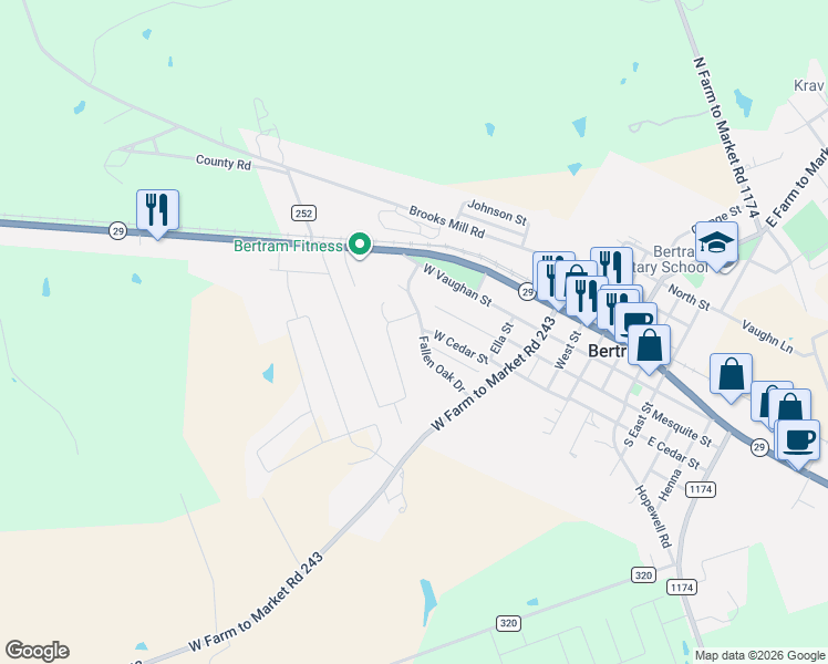 map of restaurants, bars, coffee shops, grocery stores, and more near 555 Live Oak Drive in Bertram