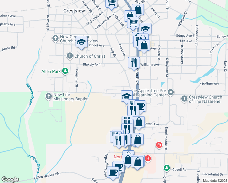 map of restaurants, bars, coffee shops, grocery stores, and more near 150 Duggan Avenue in Crestview