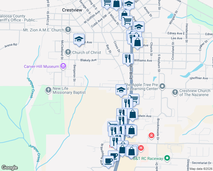 map of restaurants, bars, coffee shops, grocery stores, and more near 173 Johnson Court in Crestview