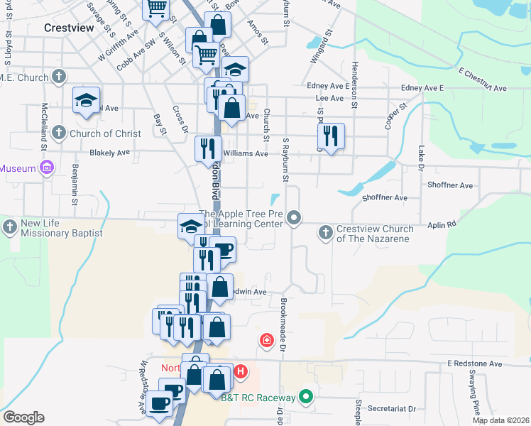 map of restaurants, bars, coffee shops, grocery stores, and more near 250 Aplin Road in Crestview