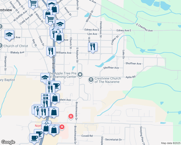map of restaurants, bars, coffee shops, grocery stores, and more near 454 Aplin Road in Crestview