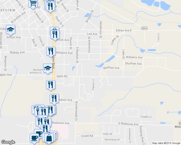 map of restaurants, bars, coffee shops, grocery stores, and more near 454 Aplin Road in Crestview