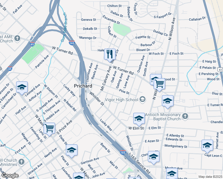 map of restaurants, bars, coffee shops, grocery stores, and more near 334 Prosper Way in Prichard