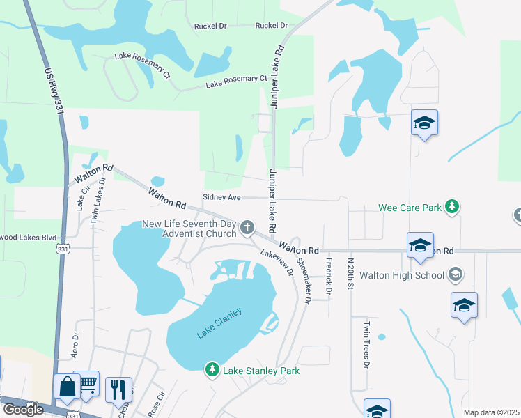map of restaurants, bars, coffee shops, grocery stores, and more near 210 Sidney Avenue in DeFuniak Springs