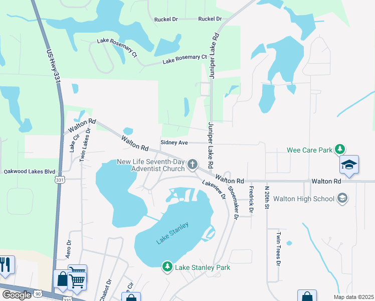 map of restaurants, bars, coffee shops, grocery stores, and more near 115 Sidney Avenue in DeFuniak Springs