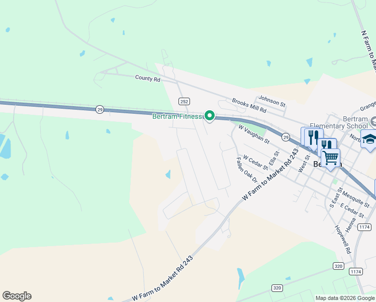 map of restaurants, bars, coffee shops, grocery stores, and more near 120 Robin Lane in Bertram
