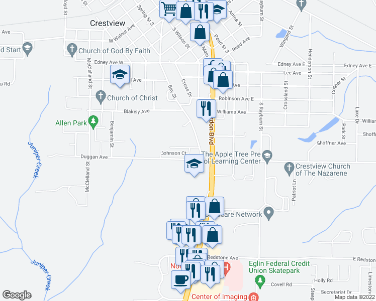 map of restaurants, bars, coffee shops, grocery stores, and more near 226 Johnson Court in Crestview