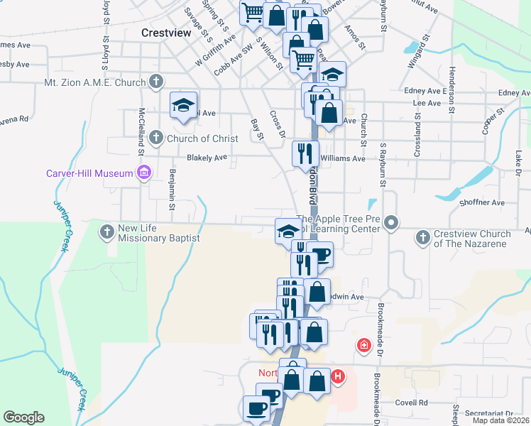 map of restaurants, bars, coffee shops, grocery stores, and more near 986 Bay Street in Crestview