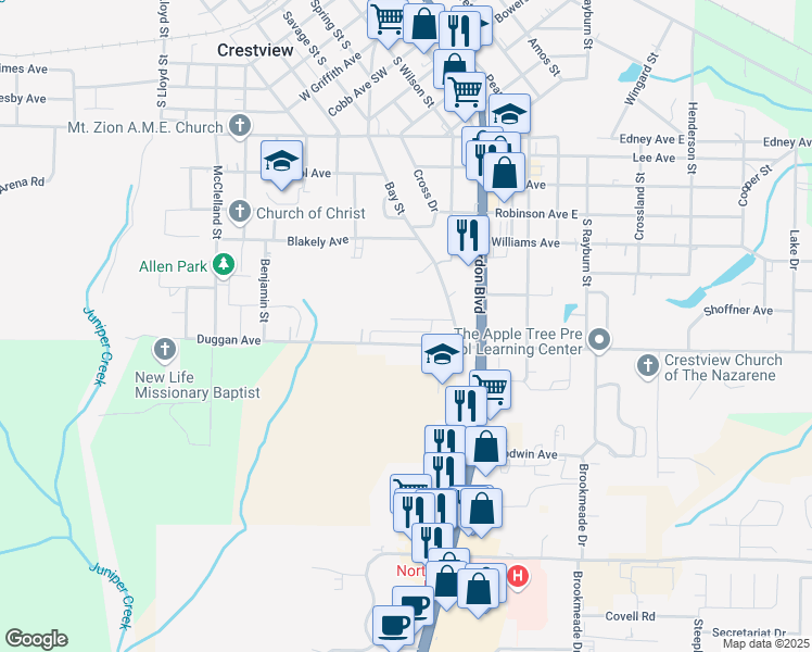 map of restaurants, bars, coffee shops, grocery stores, and more near 986 Bay Street in Crestview