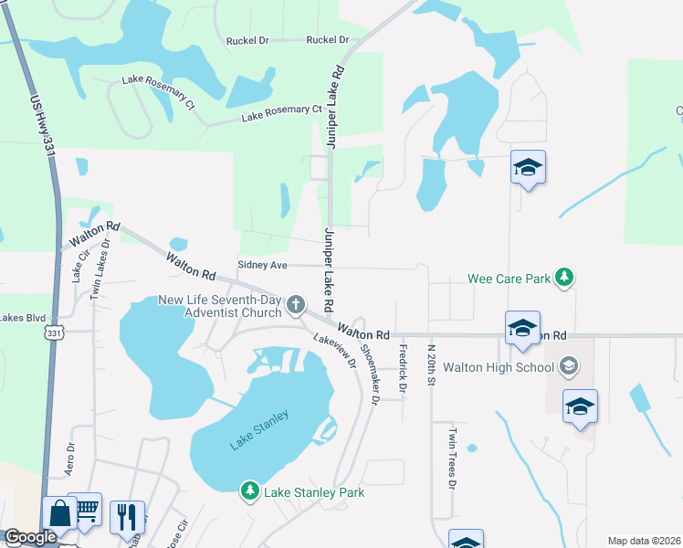 map of restaurants, bars, coffee shops, grocery stores, and more near 321 Sidney Avenue in DeFuniak Springs