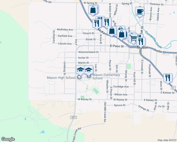 map of restaurants, bars, coffee shops, grocery stores, and more near 400 Howard Street in Mason