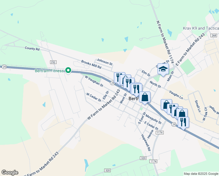 map of restaurants, bars, coffee shops, grocery stores, and more near 460 Texas 29 in Bertram