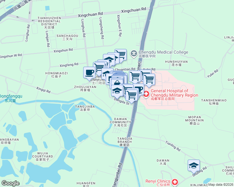 map of restaurants, bars, coffee shops, grocery stores, and more near Dong Da Jie Dong Si Duan in Cheng Du Shi