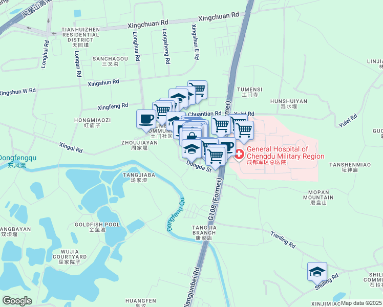 map of restaurants, bars, coffee shops, grocery stores, and more near Dong Da Jie Dong Si Duan in Cheng Du Shi