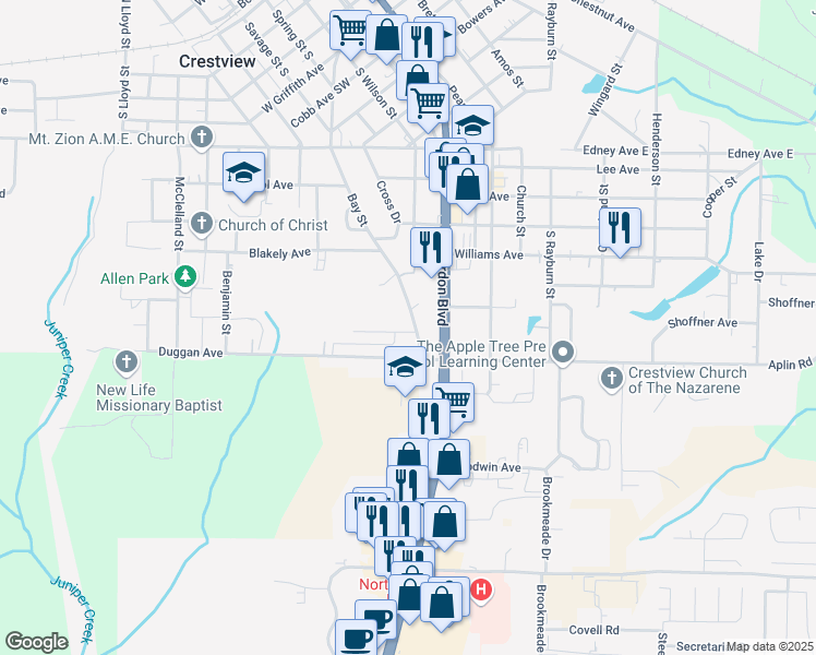 map of restaurants, bars, coffee shops, grocery stores, and more near 986 Bay Street in Crestview