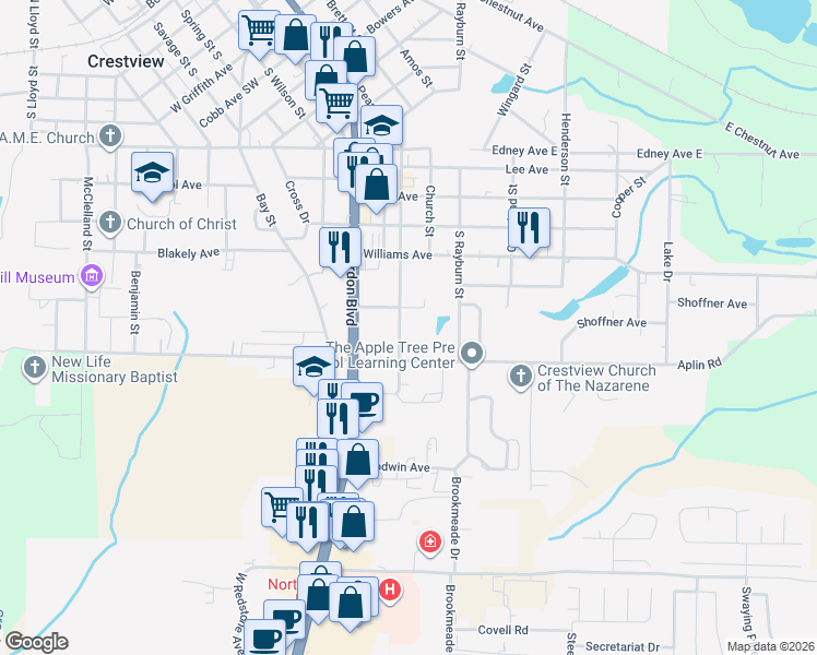 map of restaurants, bars, coffee shops, grocery stores, and more near 1507 Pearl Street South in Crestview