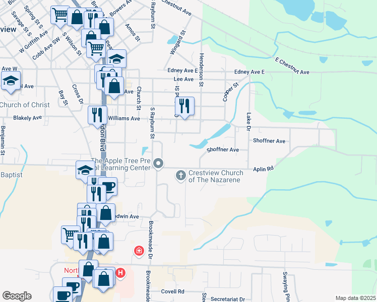 map of restaurants, bars, coffee shops, grocery stores, and more near 470 Aplin Road in Crestview