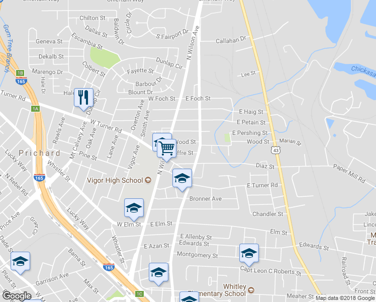 map of restaurants, bars, coffee shops, grocery stores, and more near 145 Joffre Street in Prichard
